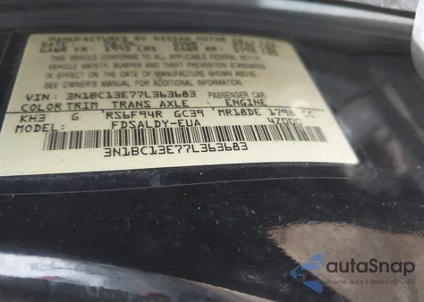 2007 Nissan Versa 1.8S from USA, damaged, VIN 3N1BC13E77L363683